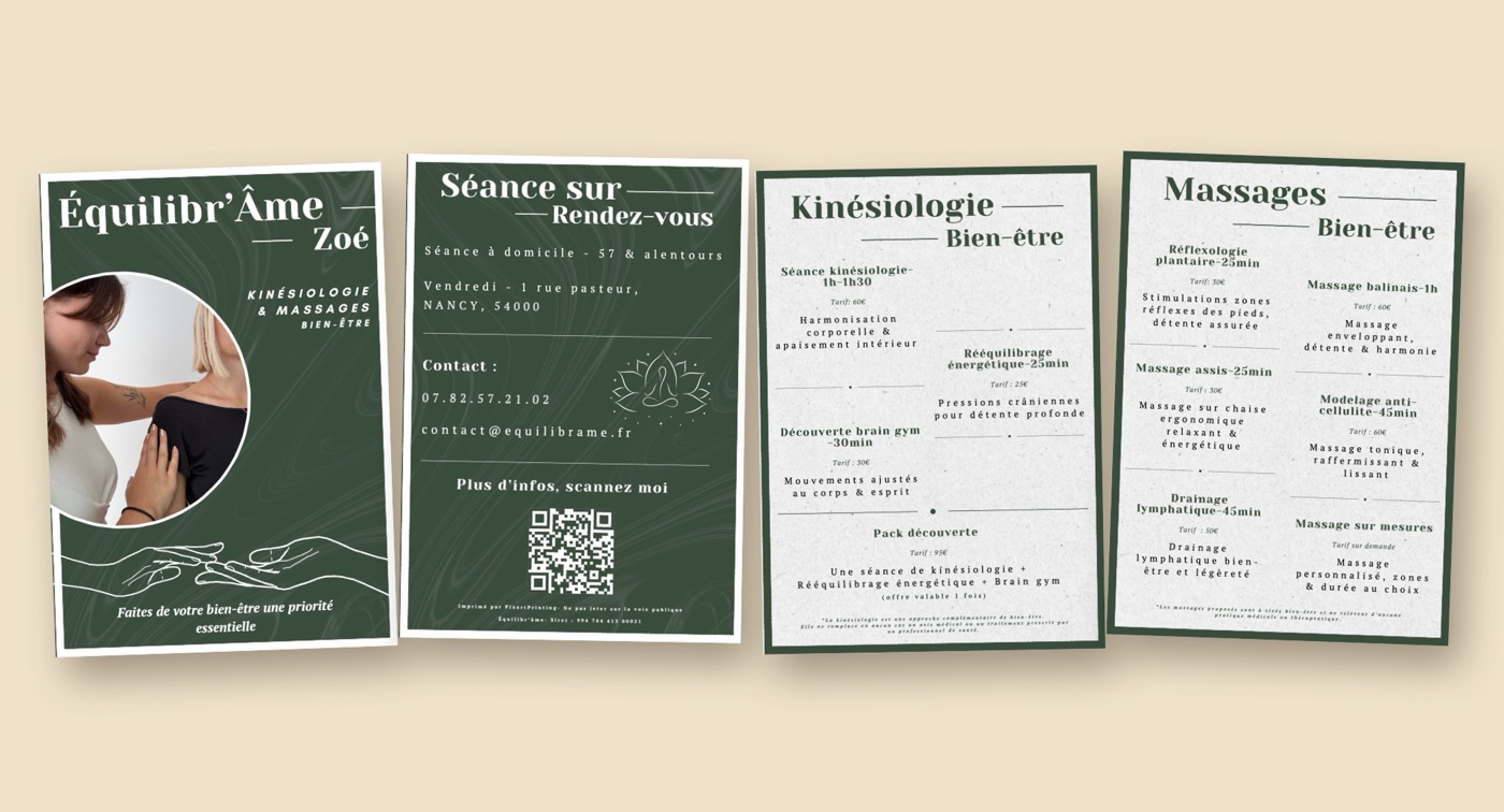 Flyer Équilibr'Âme : couverture, contact et tarifs kinésiologie et massages