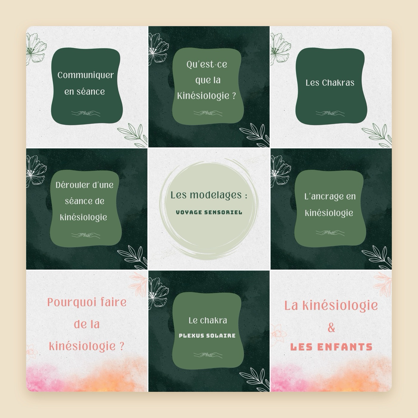 Grille Instagram Équilibr'Âme : neuf couvertures de publications sur la kinésiologie