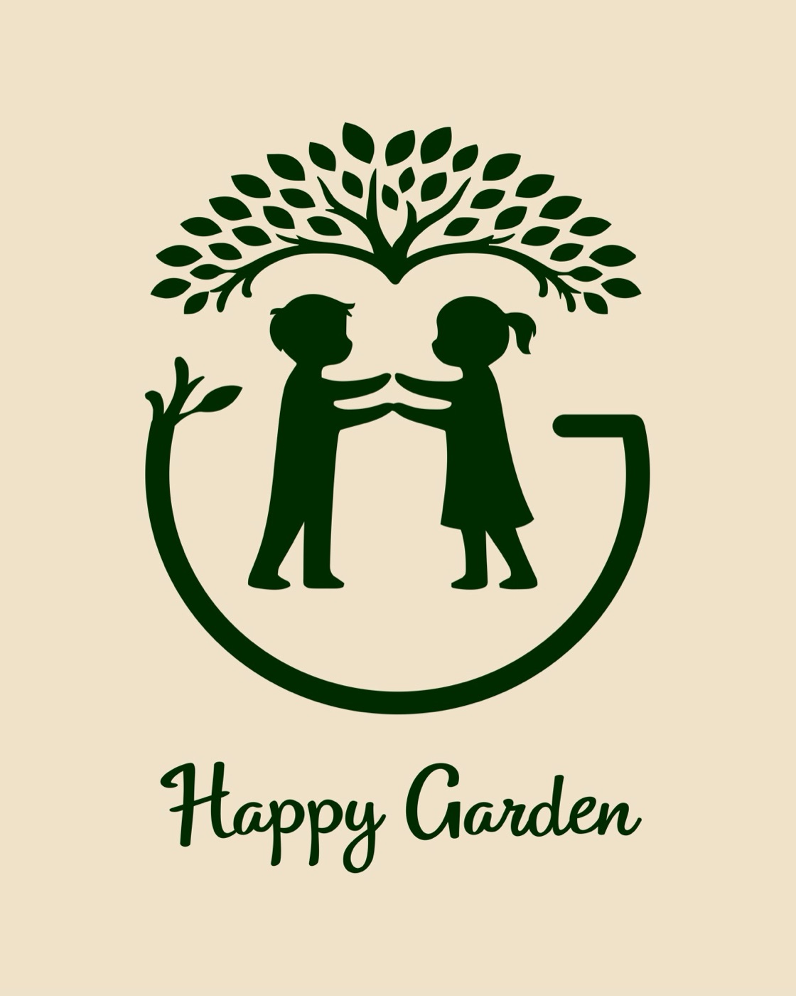 Logo principal Happy Garden : arbre et deux enfants dans un cercle, en vert Racine profonde