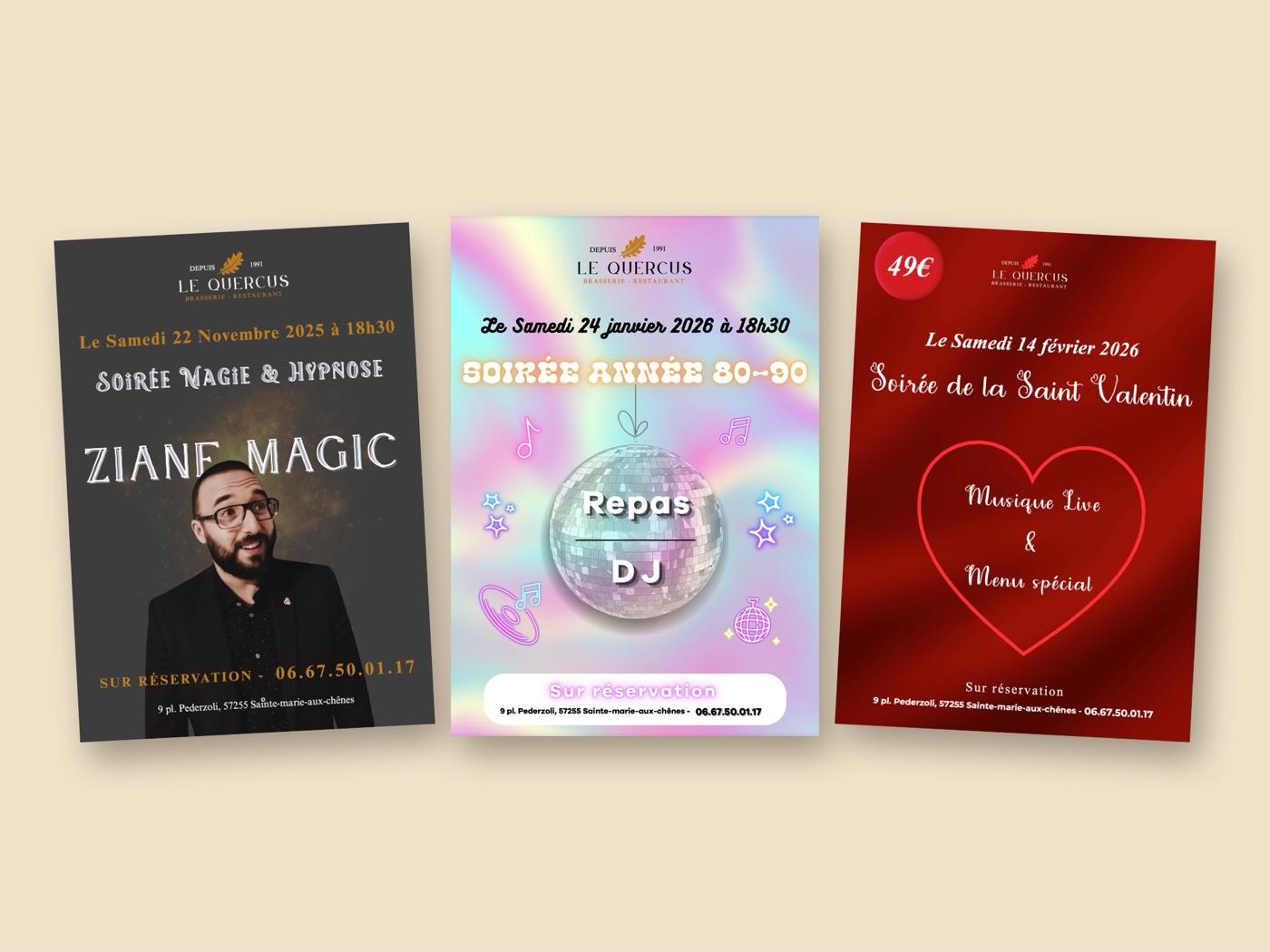 Trois affiches de soirées du restaurant Le Quercus