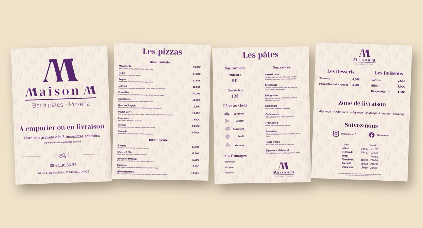 Menu Maison M en quatre pages : couverture, pizzas, pâtes, desserts et informations