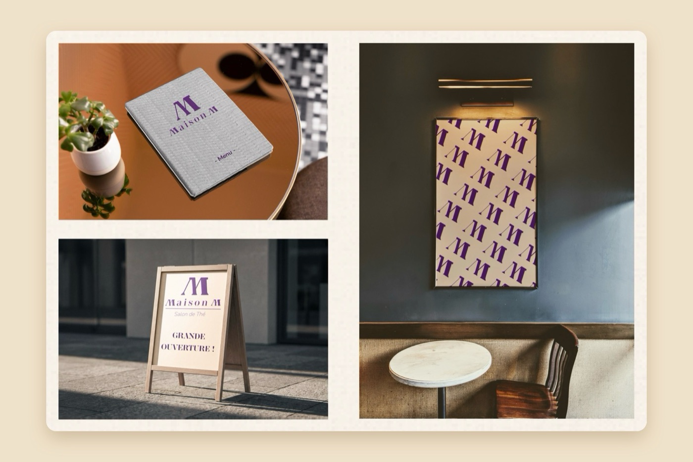 Identité Maison M appliquée : carte de menu, chevalet « Grande ouverture » et affiche à motif M dans un salon de thé