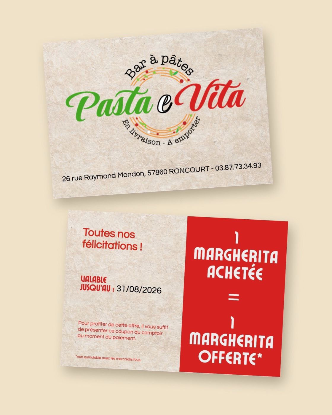 Bon cadeau Pasta e Vita au format A6, recto avec le logo, l'adresse et le téléphone, verso avec l'offre 1 Margherita achetée = 1 Margherita offerte