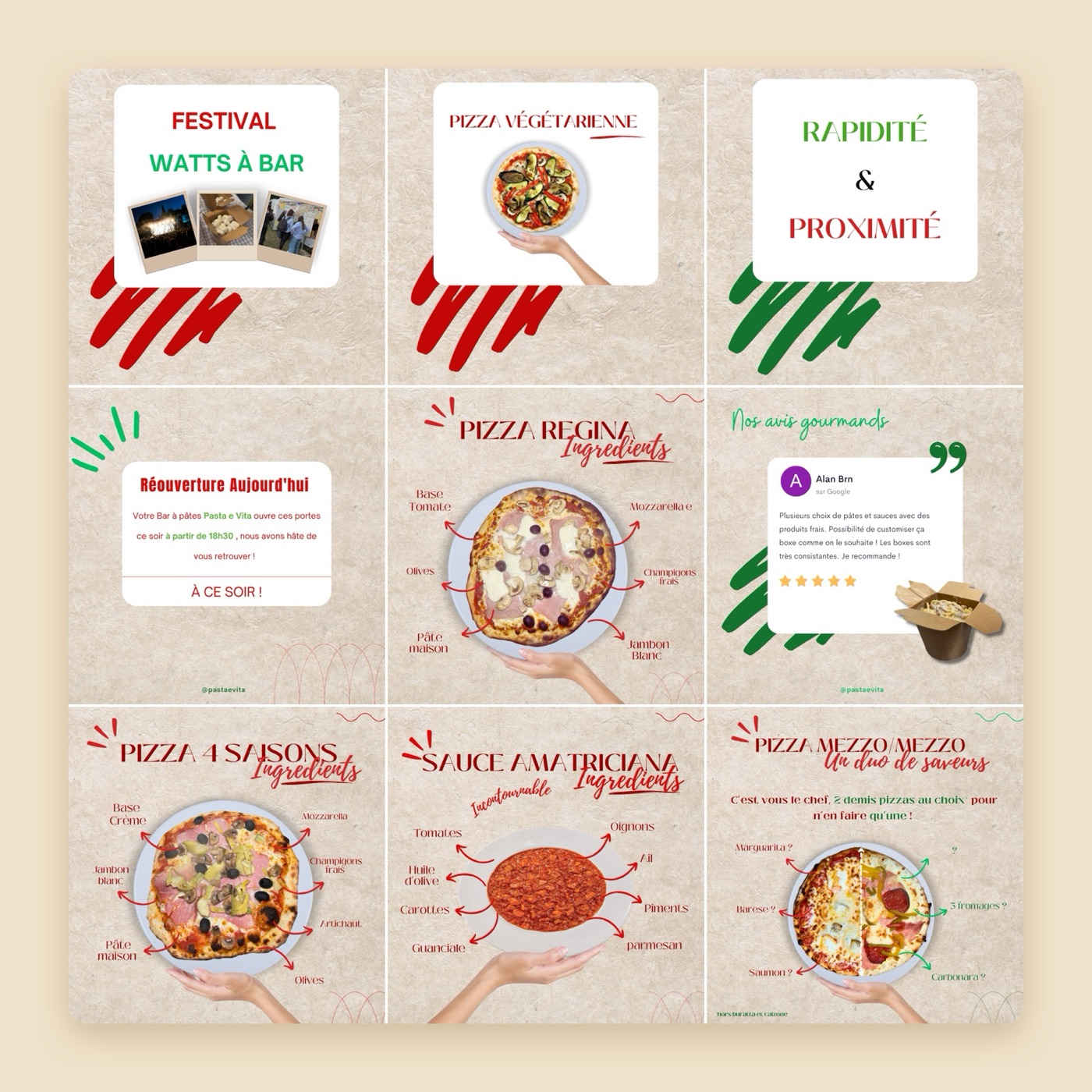 Grille du compte Instagram de Pasta e Vita : miniatures de réels Nos événements, Coulisses et Rapidité & Proximité, puis publications réouverture, pizza Regina, avis Google, pizza 4 saisons, sauce amatriciana et pizza Mezzo-Mezzo